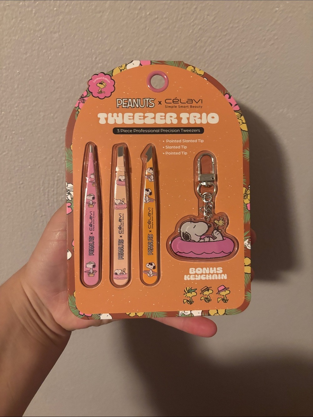Peanuts Tweezer Trio in Pink and Orange with Snoopy Keychain